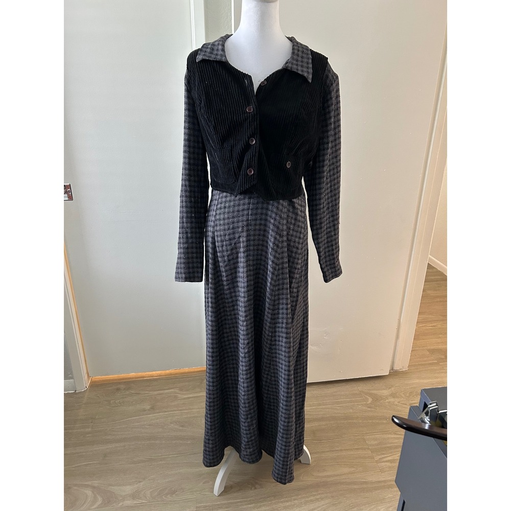 CDC Caren Desiree Vintage Black Corduroy‎ Plaid Maxi Dress 12 Cottage Modest